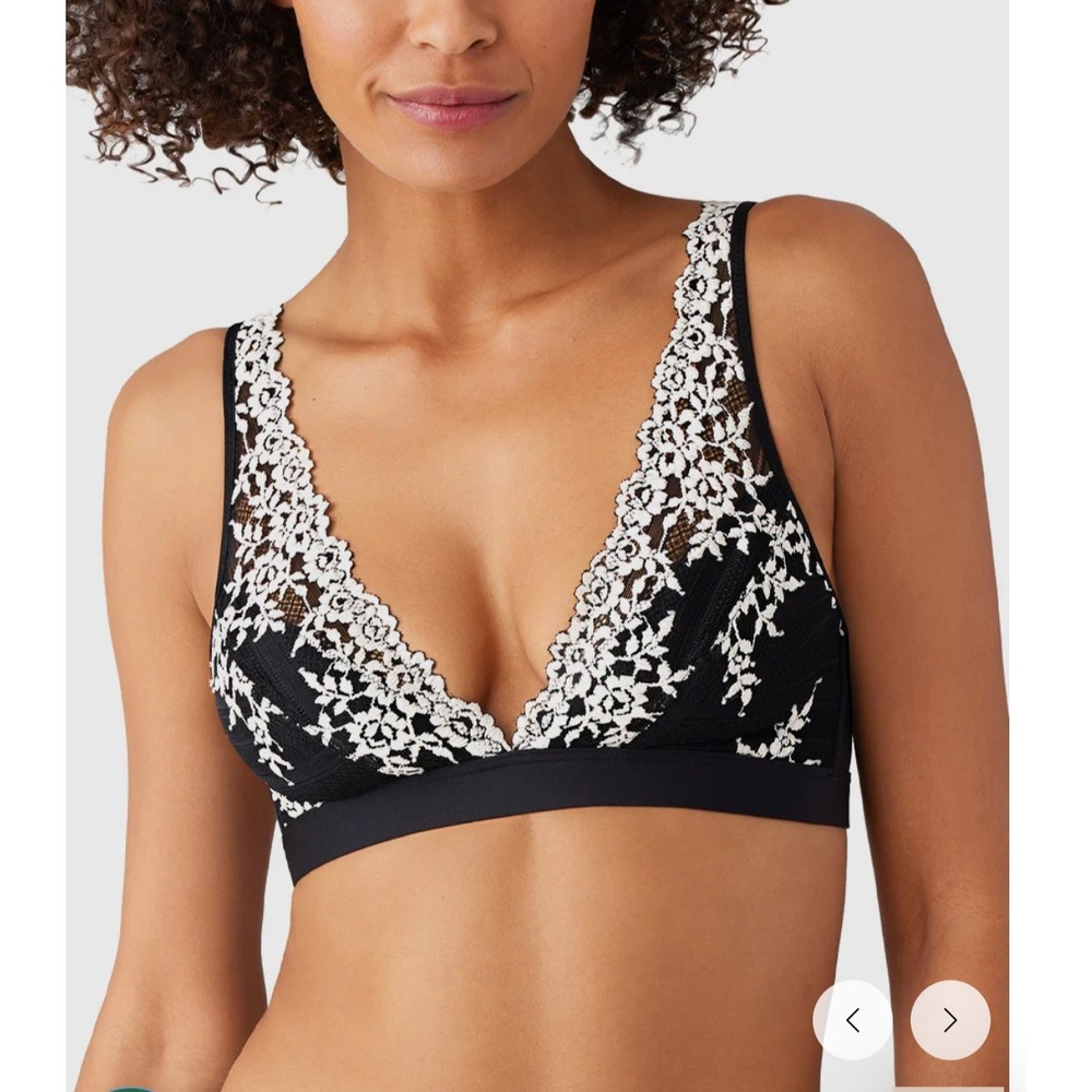 Wacoal Bralette 38 Black Ivory Floral Lace V-Neck‎ Wireless Lingerie 852191